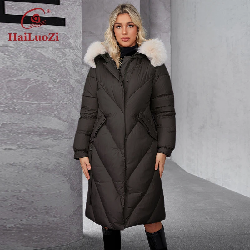 HaiLuoZi 2024 Women's Winter Plus Size Long Parka Coat Warm Women's Jacket Slash Pocket Fashion Hooded Women's Ja
