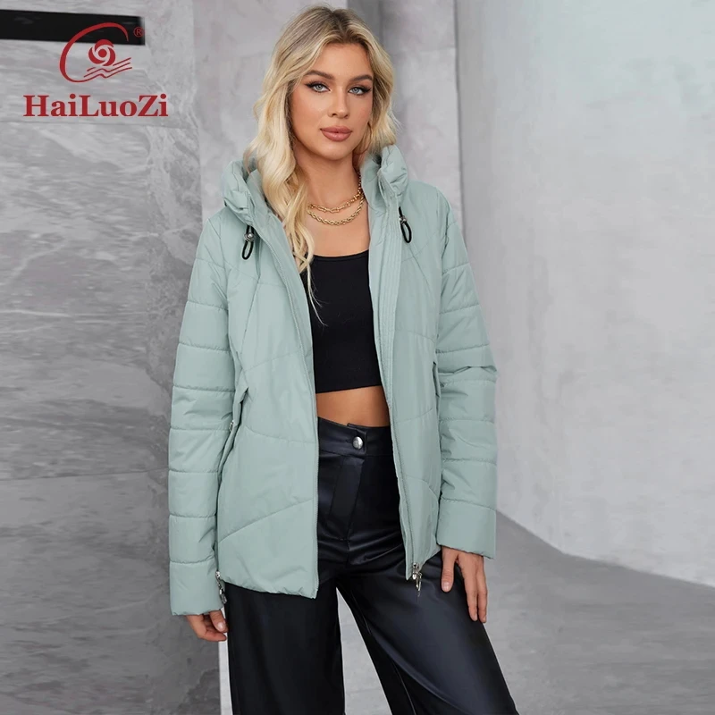 HaiLuoZi 2024 new Plus size women's jacket Hooded side pockets winter thin solid color high quality women's casual jac