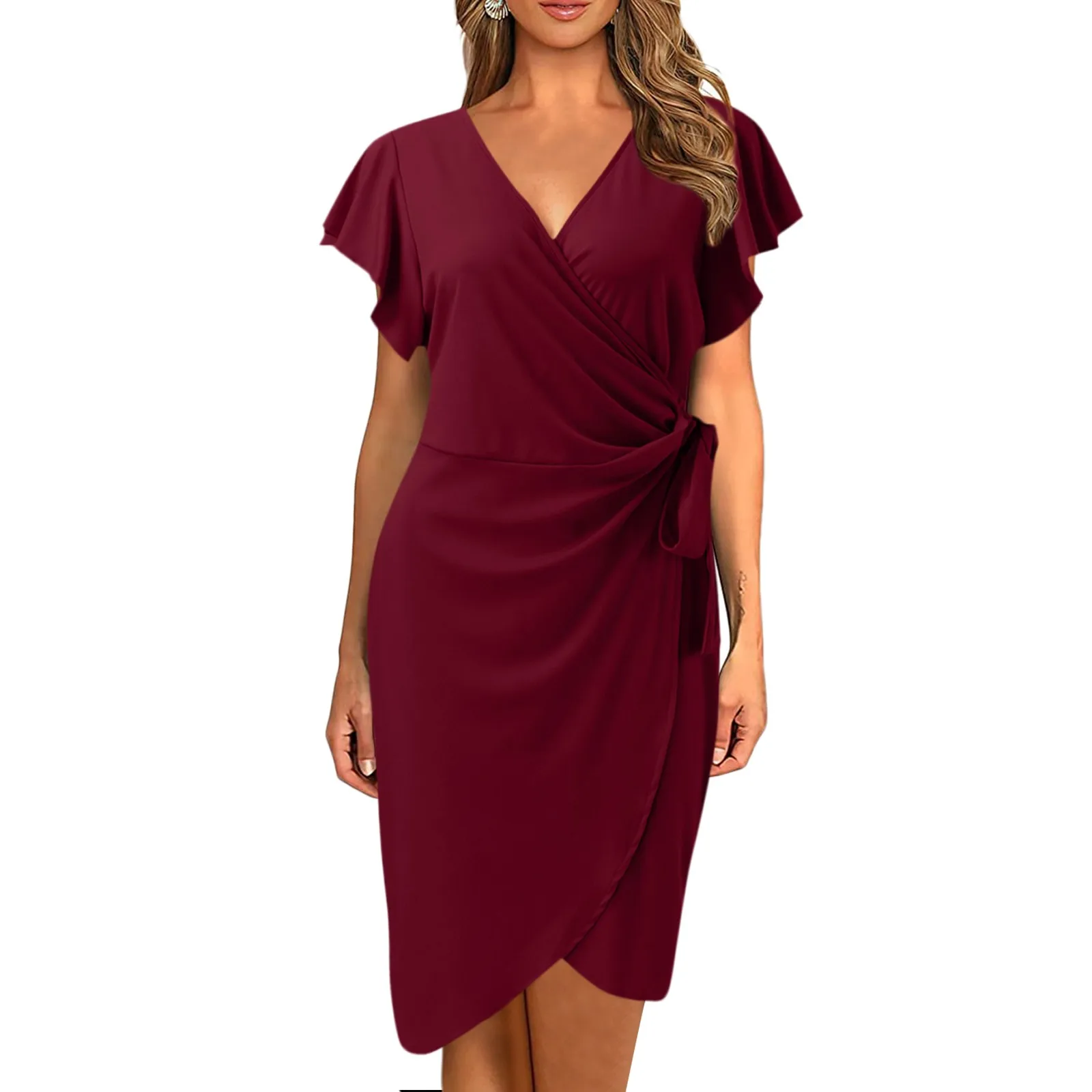 Summer Bodycon Dress Cocktail Faux Wrap Dresses Deep V Neck Ruffle Sleeve Ruched Party Work Formal Wedding Sexy Dress For Women