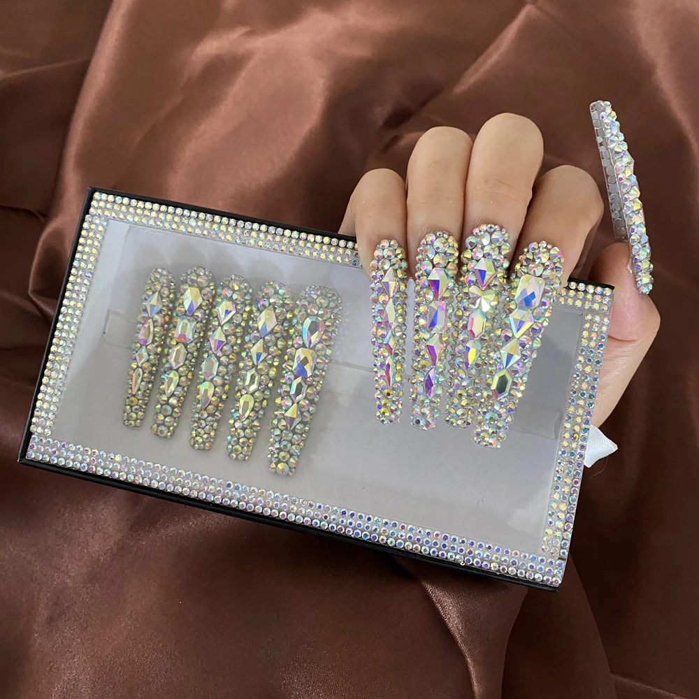 High Quality Handmade Customization Artificial Fingernails Luxury Glossy Bling Full Decorated Thickness Acrylic Nails Press On
