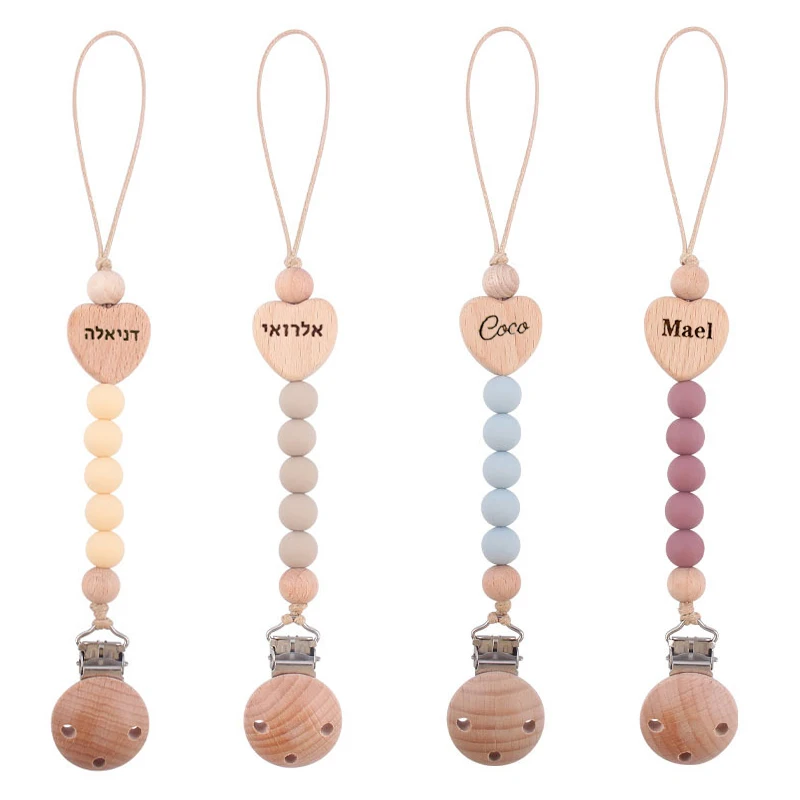 Custom Name Wooden Personalized Baby Pacifier Chain Silicone Bead Dummy Nipple Holder Guard Teether Pendant Newborn Gift Stuff