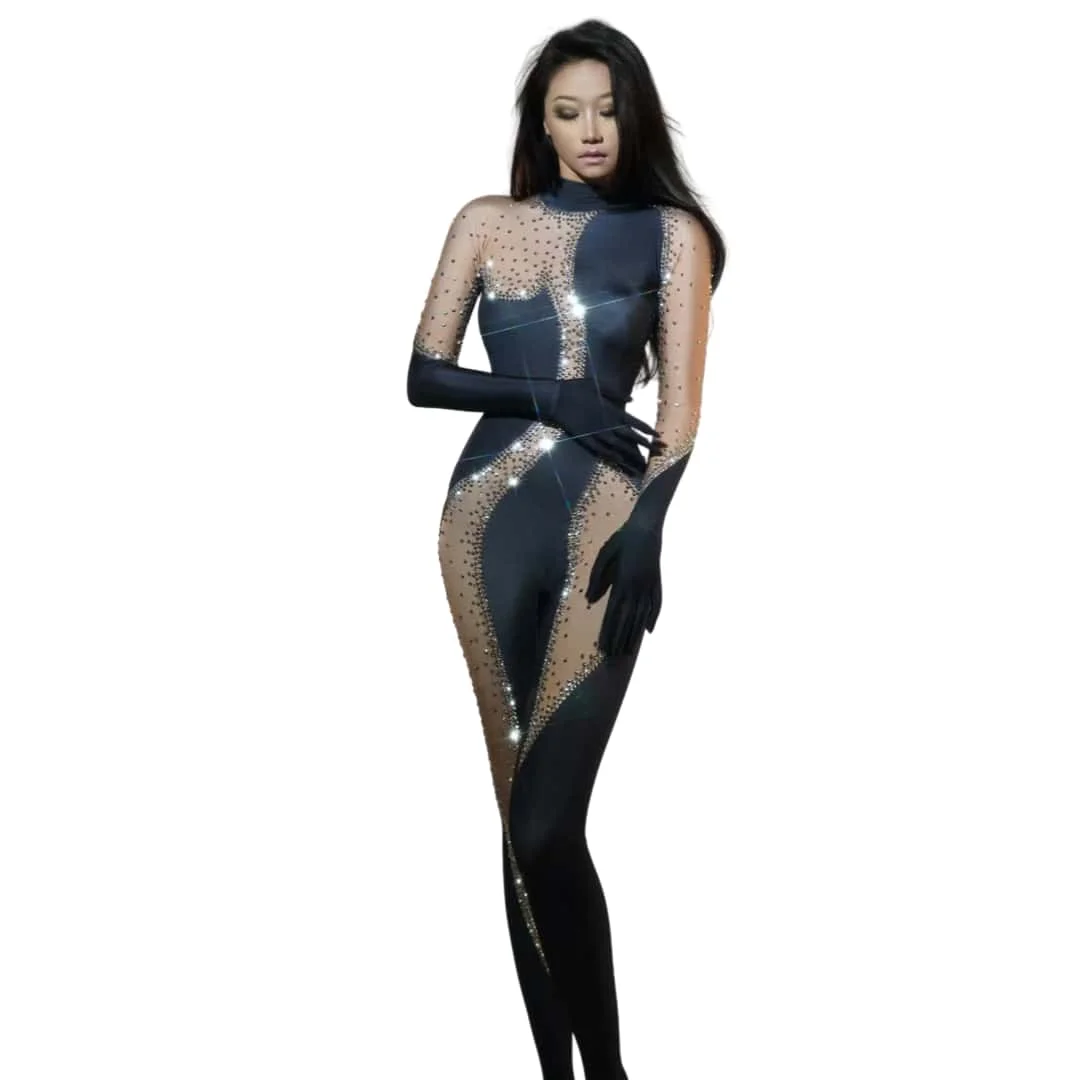 Fashion Diamonds Jumpsuit Sexy Performance Bodysuit Female Singer Rompers Stage Wear Birthday Dance Wear Stretch Outfit Silie