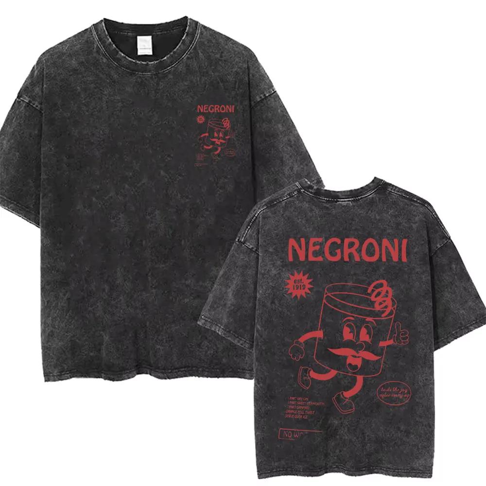 Washed Vintage Cocktail Negroni Funny Meme T-shirts Men Women Casual Oversized Tshirt Male High Quality Cotton Tees Short Sleeve