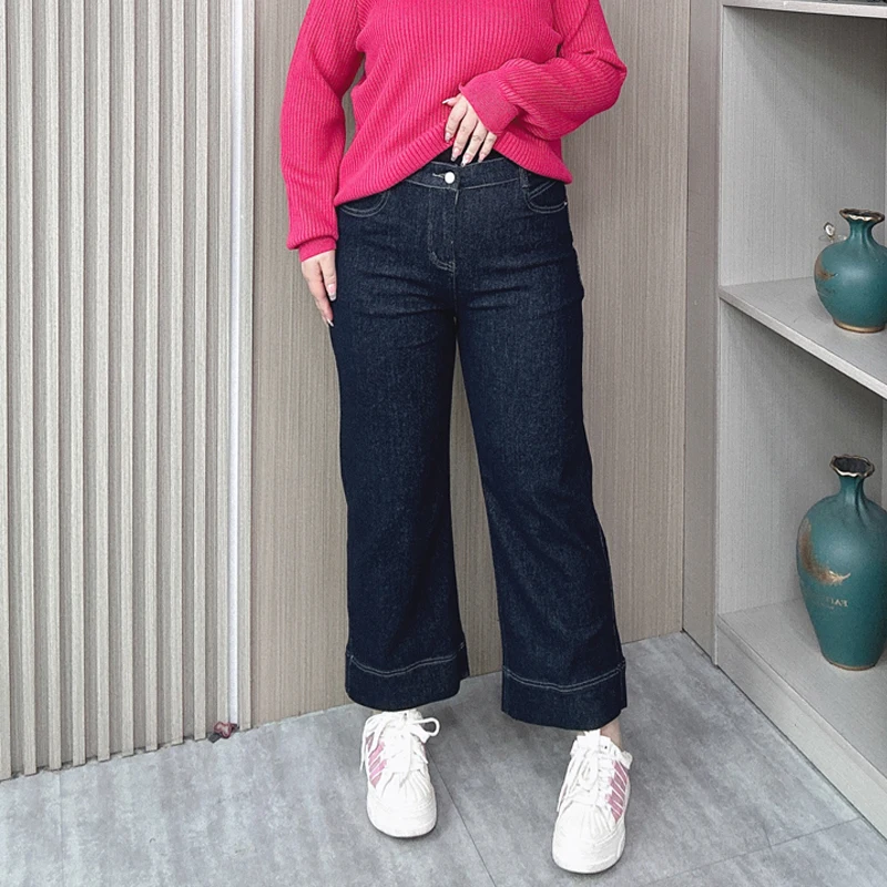 Women's Dark Blue Wide Leg Jeans, Loose, High Waist, Casual Stretched, Straight Ankle-Length Pants, Autumn, Plus Size, 6533