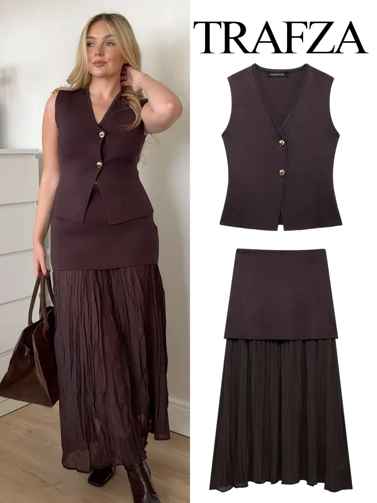 TRAFZA Women 2 Piece Suit Casual Fashion Knitted V-Neck Sleeveless Vest Woman Elegant Loose High Waist Hem Folds Skirts Set