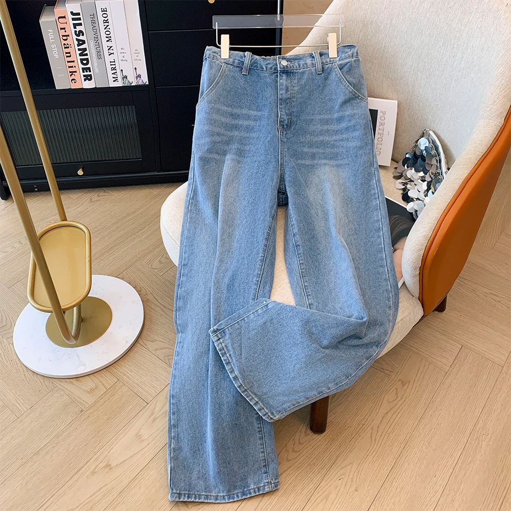 Fall plus size women's casual denim pants Blue commuter straight pants loose and comfortable elastic pants with large pocke