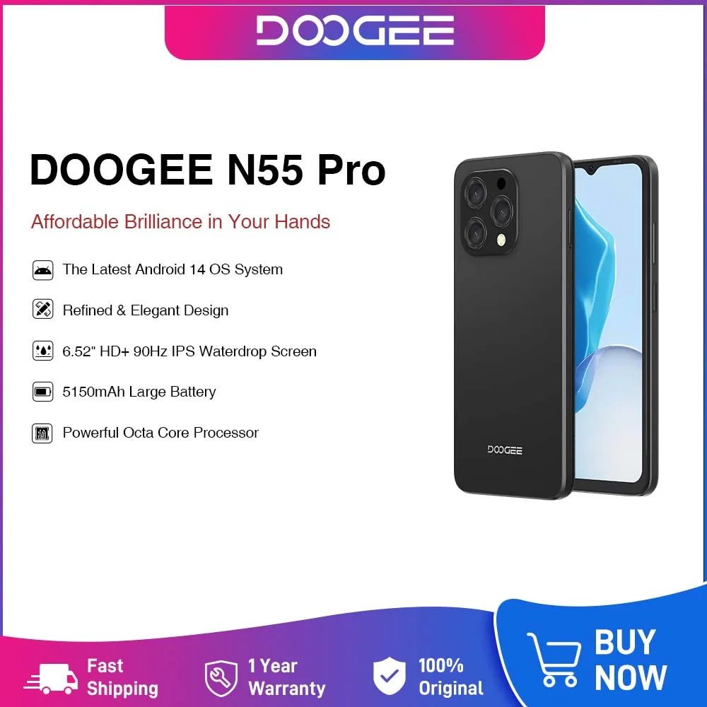 DOOGEE N55 Pro Smartphone 6.56" 90Hz IPS 6GB RAM 256GB ROM 5150mAh Battery Android 14 Face Unlock 13MP AI Camera