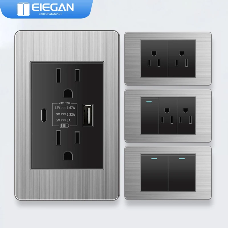 ELEGAN Black stainless Panel US Standard 1/2/3/4/5/6Gang Switch Push Button Outlet Usb Type-c Wall America Socket Light Switch