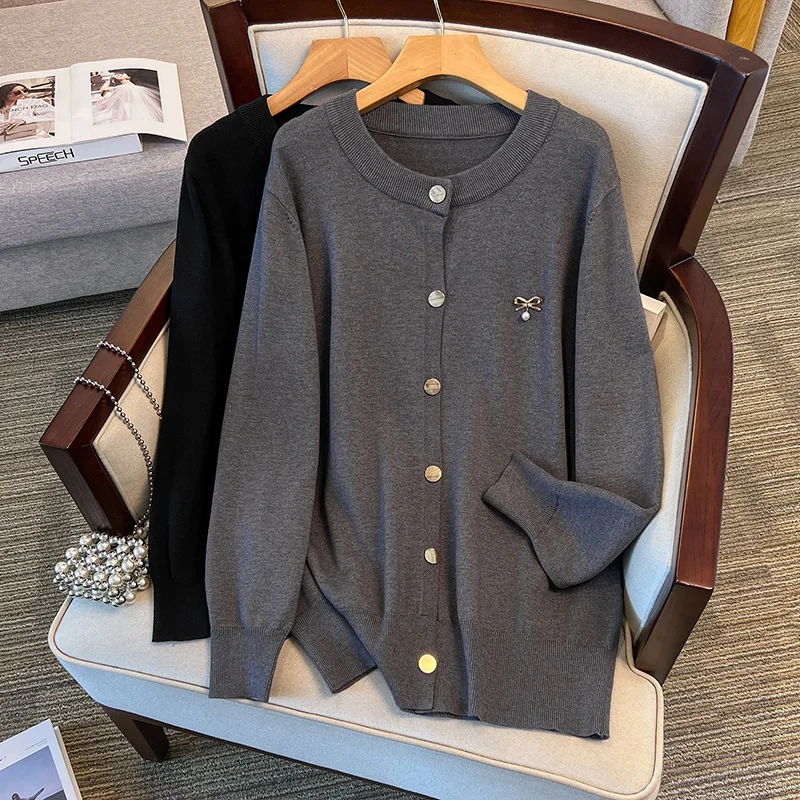 170Kg Plus Size Women's Bust 160 Spring Autumn Loose Cardigan Sweater Knitted Jacket Black Dark Gray 4XL 5XL 6XL 7XL 8XL 9X