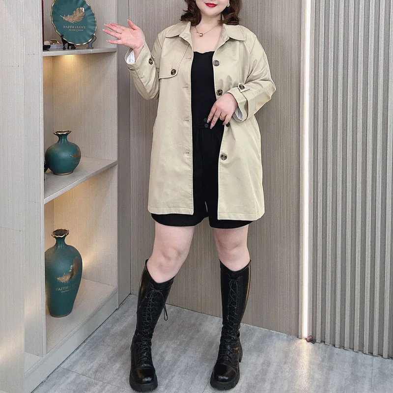 Women's Washed Cotton Trench Coat, Single Breasted, Medium Long, British Wind Outerwear, Loose, Plus Size, Autumn, New, 231