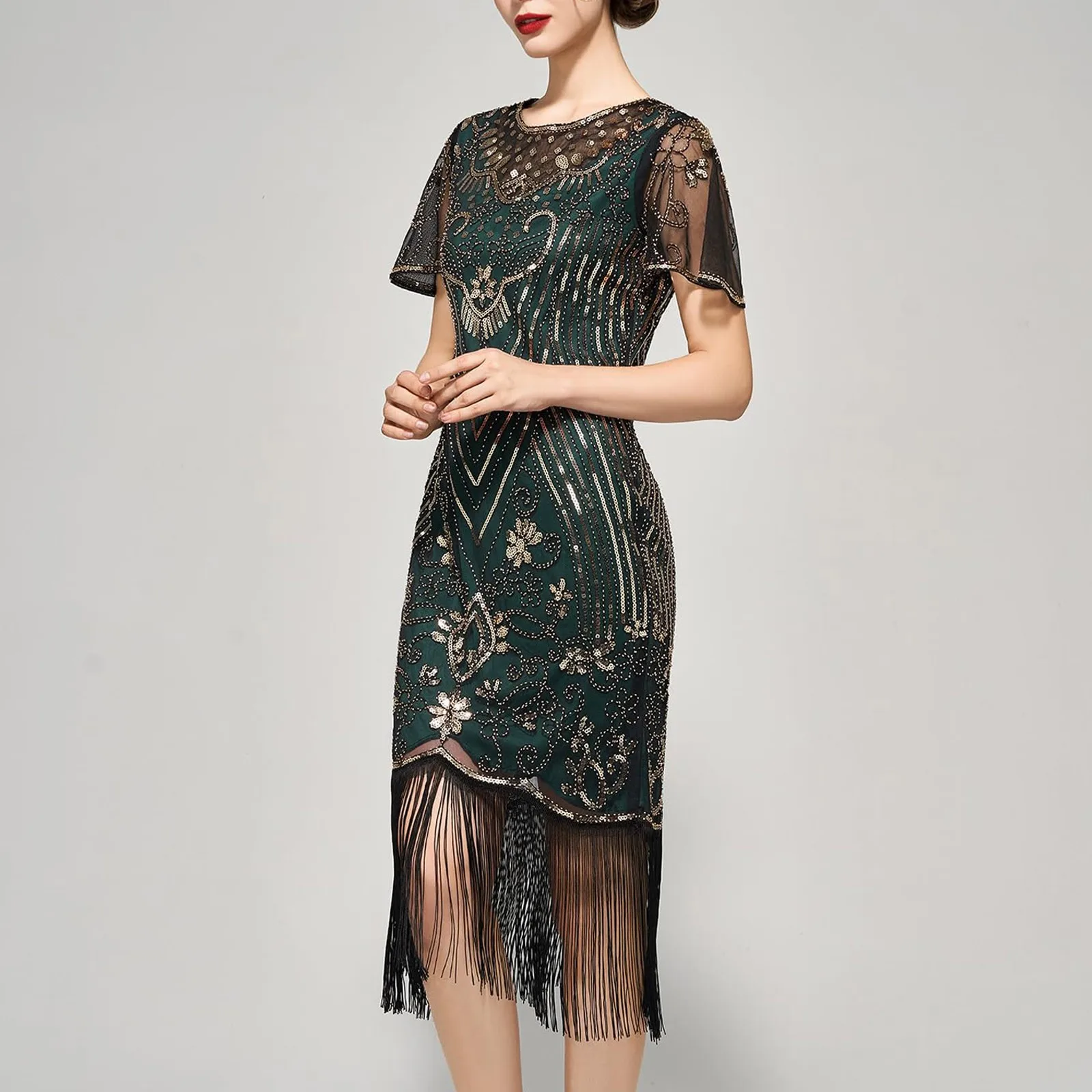 Women's Flapper Dresses 1920s Sequins Art Decor Gatsby Cocktail Dress with Sleeve Sexy V-neck Fringe Fancy Dress Elegant Dr