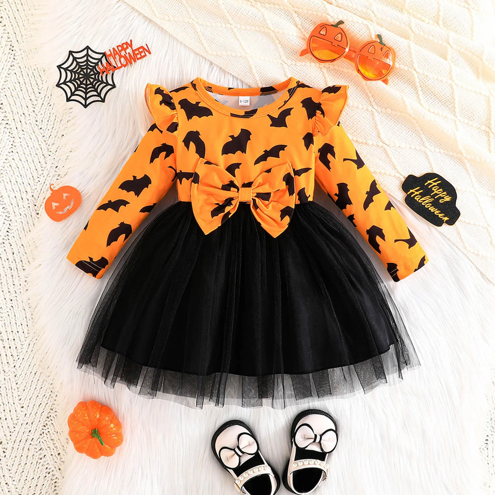 Toddler Girls Halloween Dress Autumn Winter Long Sleeve Halloween bat Prints Bowknot Tulle Dress Clothes Baby Princess Dresses