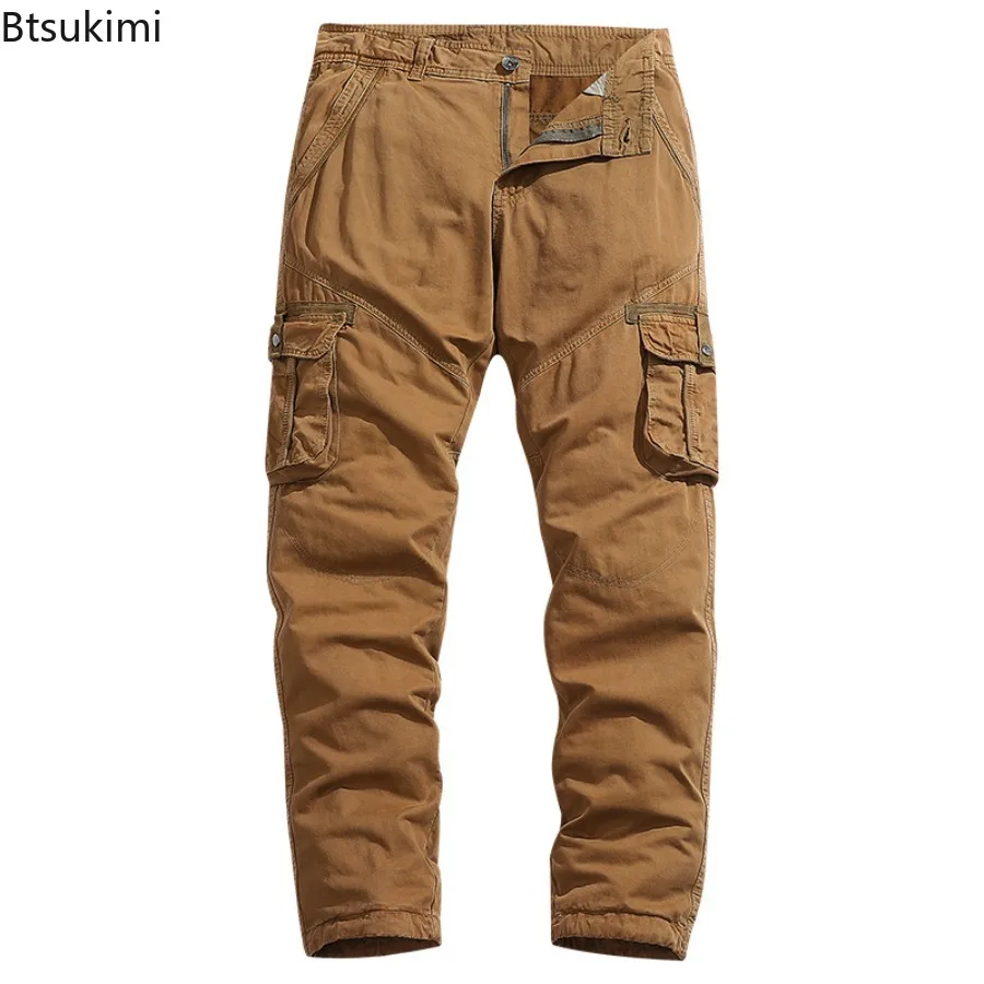 2024 Men's 100% Cotton Cargo Pants Loose Casual Multi Pocket Solid Long Pants Men Outdoor Workout Jogger Trousers Straight 