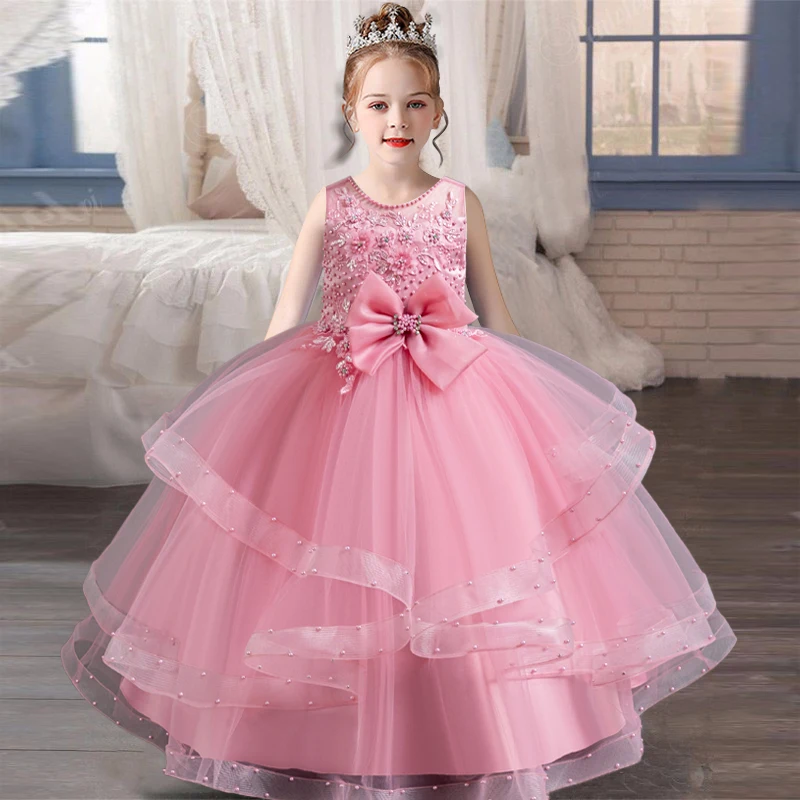 3-12-year-old children's evening dress with lace sleeveless embroidery mesh for birthday party, fluffy girl princess dress