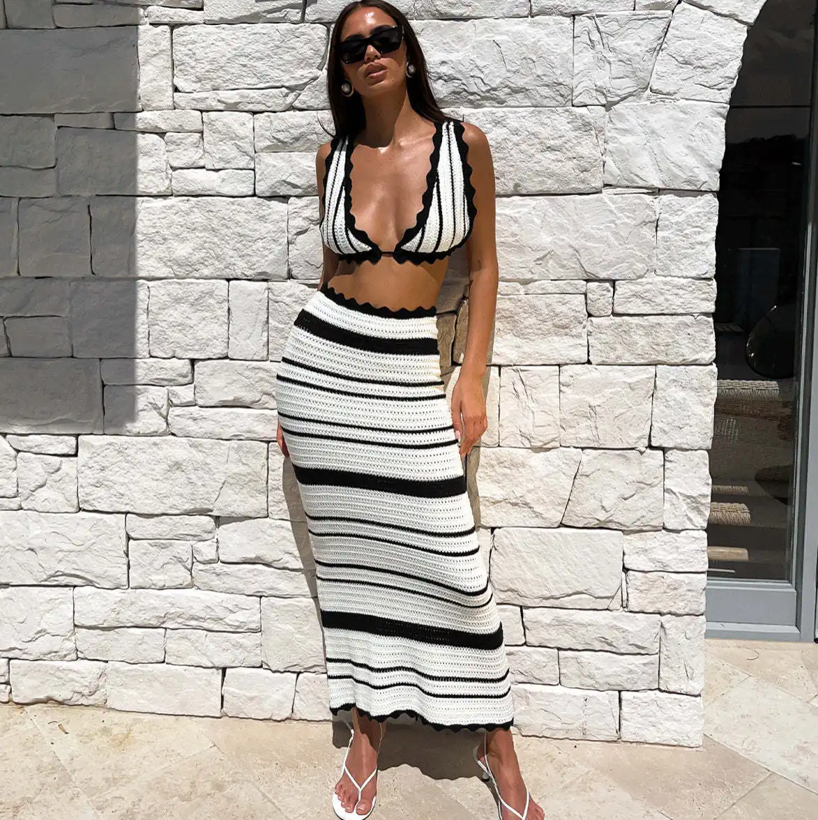 Striped Bikini Casual Vest Halter Top Suit for Women Beach Bohemian Sexy Slim Contrasting Long Skirts Matching Sets New