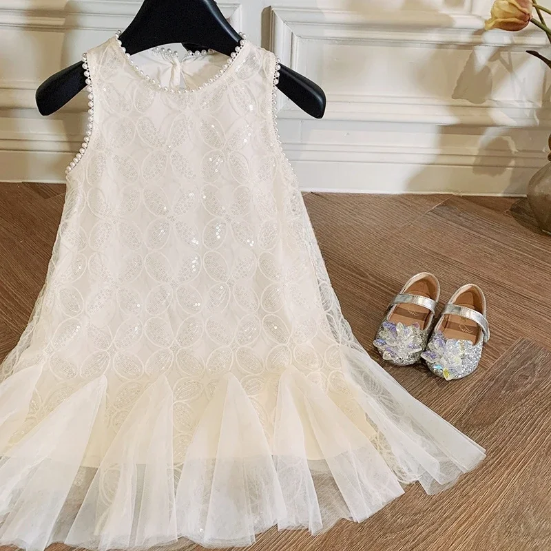 Girls 2 5 to 7 10 Years Elegant Party Luxury Brand Clothes Evening Dresses Baby White Sequin Children's Gala Communion Clot