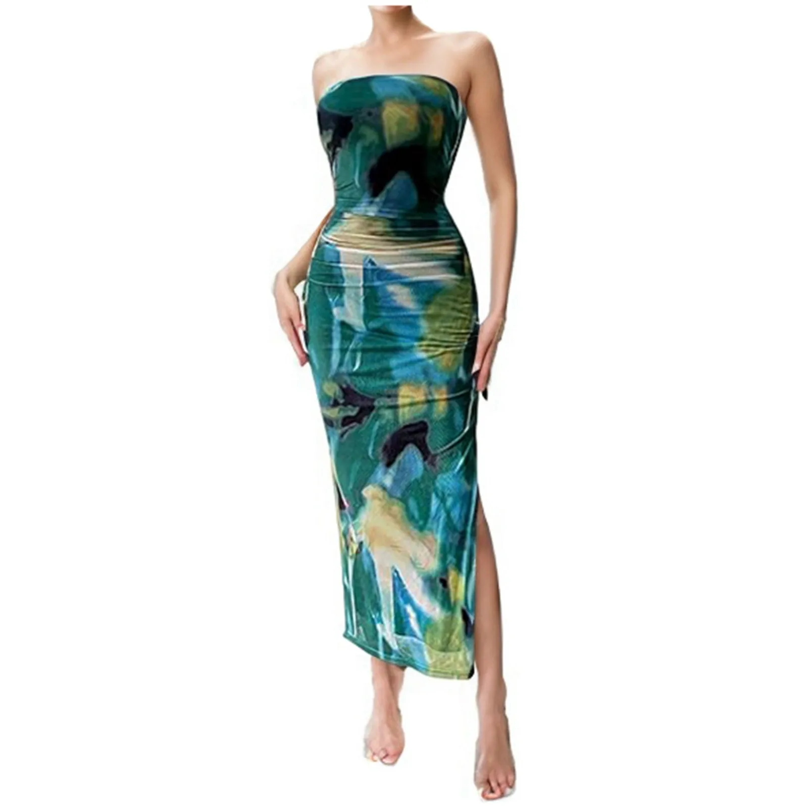 Sexy Slim Sleeveless Mesh Dress Printed Slim Split Sleeveless Long Women's Halter Dress Pleated Drawstring Floral DailyWear