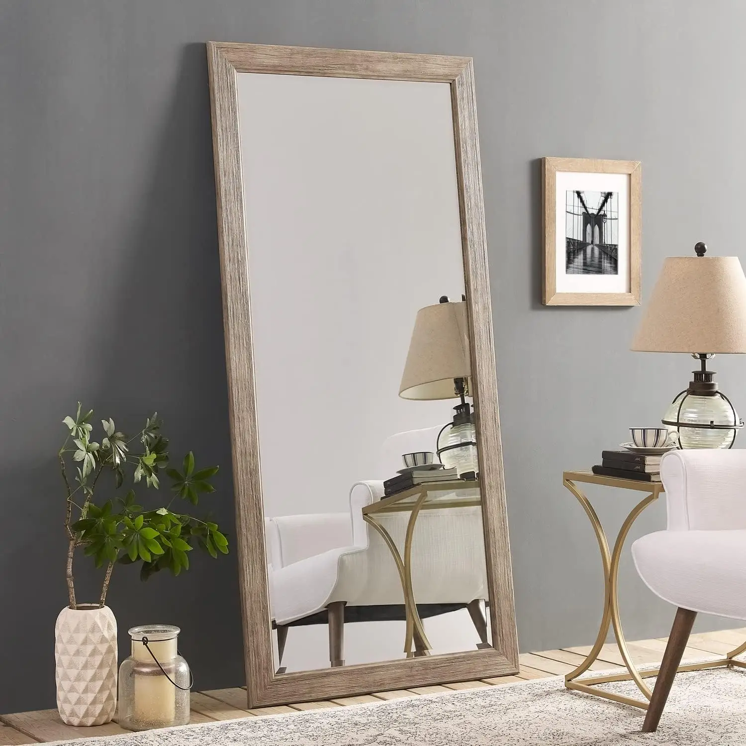 Full-Length Mirror with Wood Frame – Rustic Full Body Floor Mirror, 66"x32", Elegant Wood Floor Mirror Full Length - N