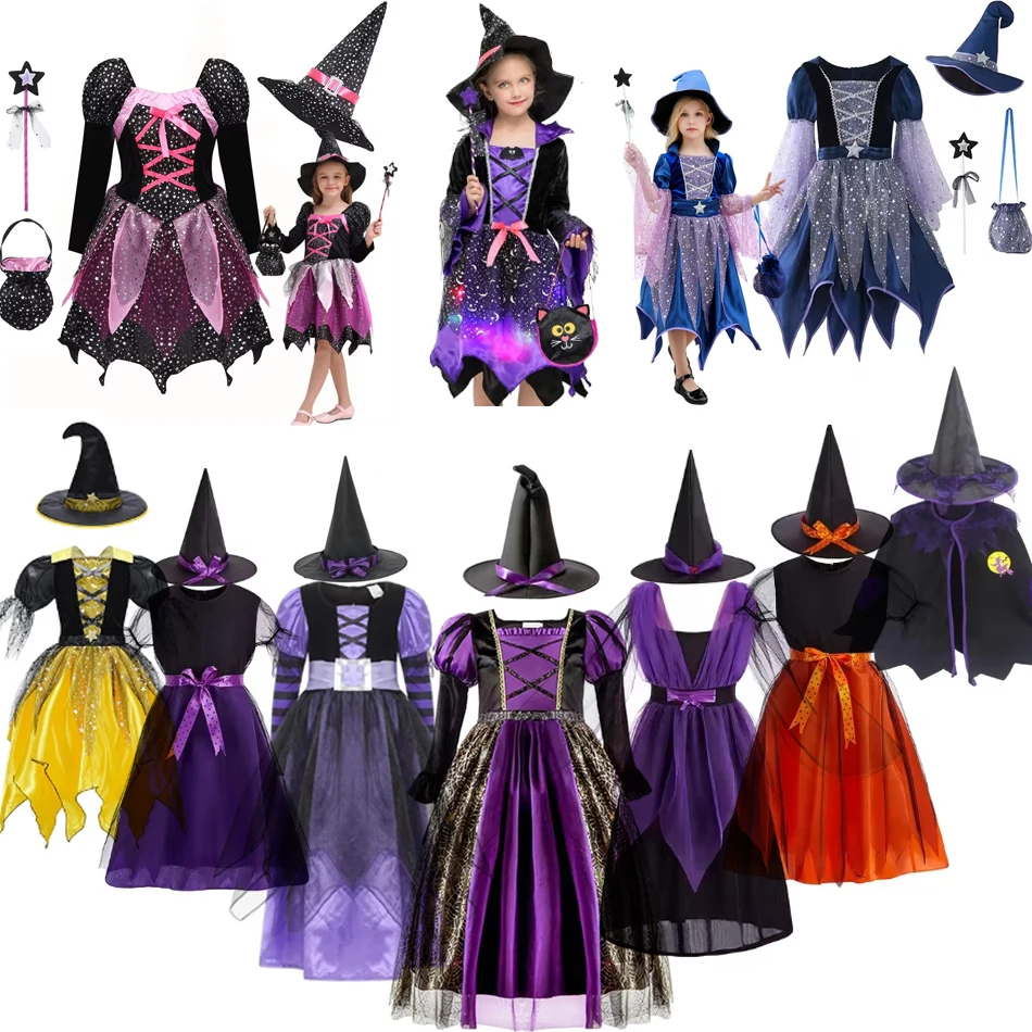 Baby Girls Halloween Witch Costume Children Cosplay Vampire Princess Dresses Kids Dress Up Clothes With Hat Carnival Party Gift