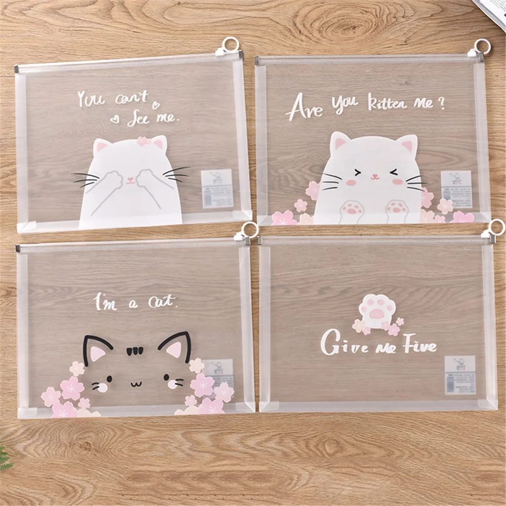 A4 Transparent File Folder Document Bag Thickened Zipper Bag Organizer Waterproof Cartoon Pouch School Office Supplies 4pcs