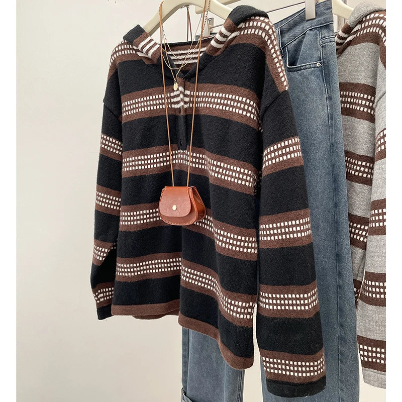 Plus Size Women's Clothing 2024 Autumn and Winter New Fashion Lazy Knit Sweater Chubby Girl Striped Hooded Sweater Jacket C