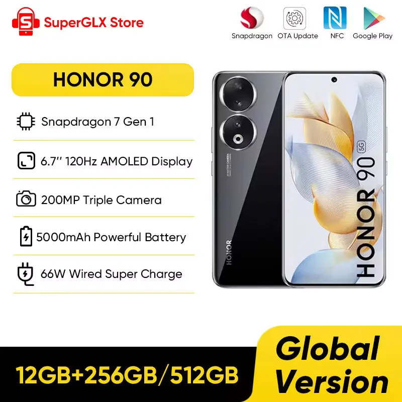 Global Version HONOR 90 5G Smartphone 200MP Ultra-Clear Camera Snapdragon 7 Gen 1 5000mAh Battery 66W Supercharger 120Hz Display
