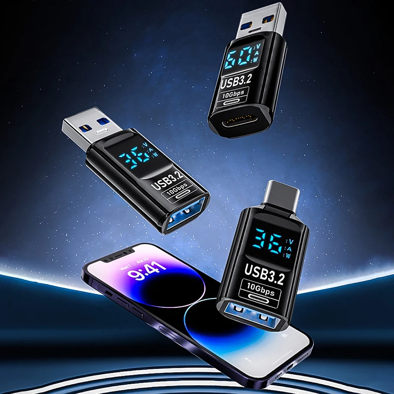 36W 3A QC Charging Adapter With Digital Display Voltage Current Power Meters USB 3.2 10Gbps OTG USB A Male To C PD 60W Charger
