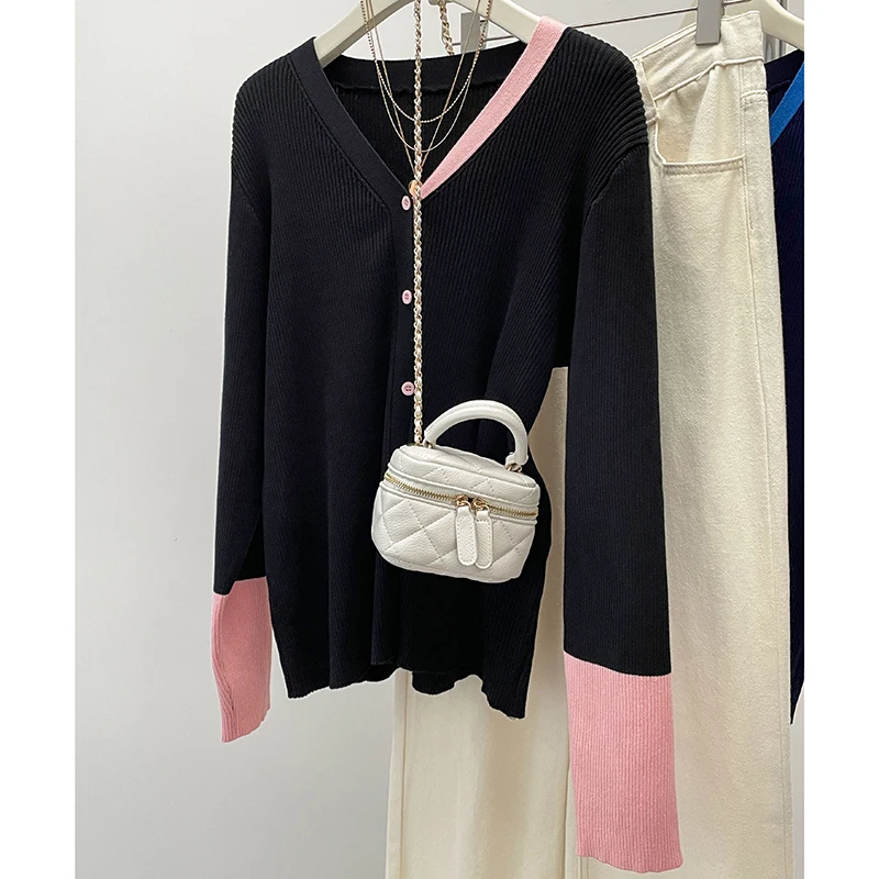 Plus Size Women's 2024 Autumn Outfit New Fashionable Contrasting Color Knitted Sweater Slightly Chubby Girl Sweater Base Sw
