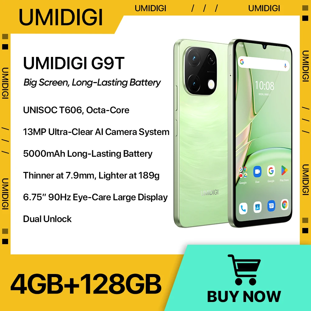 UMIDIGI G9T Android 14 Smartphone UNISOC T606 4GB RAM 128GB ROM 6.75” Water Drop HD+ Display 13MP AI Camera 5000mAh Cellphone