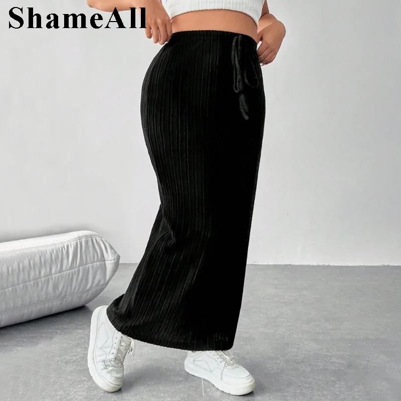 Black Knit Women's Bodycon Skirt , Plus Size Wrap Skirt