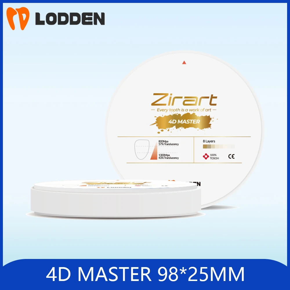 LODDEN 4D MASTER 100% Tosoh 8 Layer Zirconia Dental Multilayer Color For CAD CAM Open System 98x25mm 43%-57% High Strength