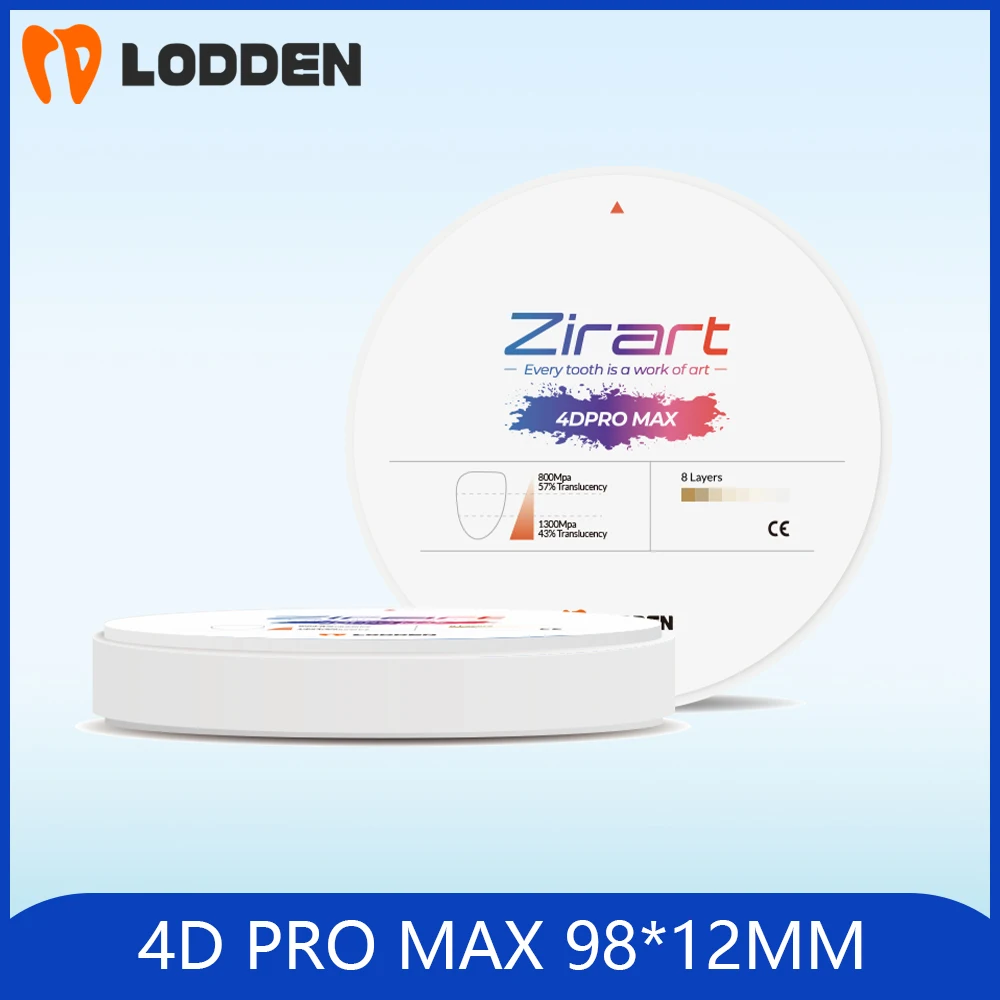 LODDEN 4D Pro Max Multilayer Zirconia 98x12mm 43%-57% High Strength Dental Lab 8 Layer VITA16&BL1-4 Color CAD CAM Open Syste