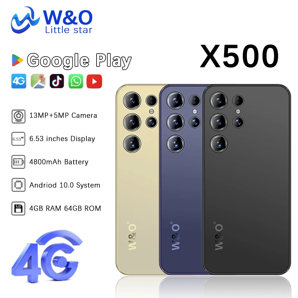 W&O X500 4G Smartphone Android 4GB RAM+64GB ROM Mobile phone 6.53 Inch Dual SIM 4800mAh Battrey 5+13MP Camera Cell Phone On 