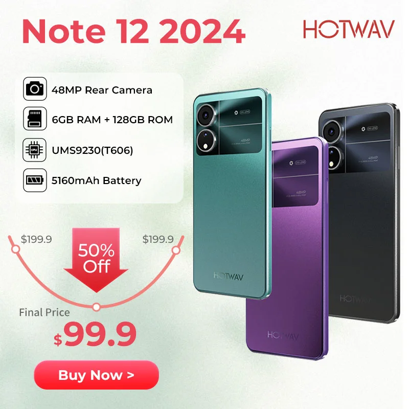 New HOTWAV Note 12 2024 Smartphone Android 14.0+5160MAH Cellphones 6+128GB 48MP+16MP+0.08MP Camera 6.8" Displaymobile phone