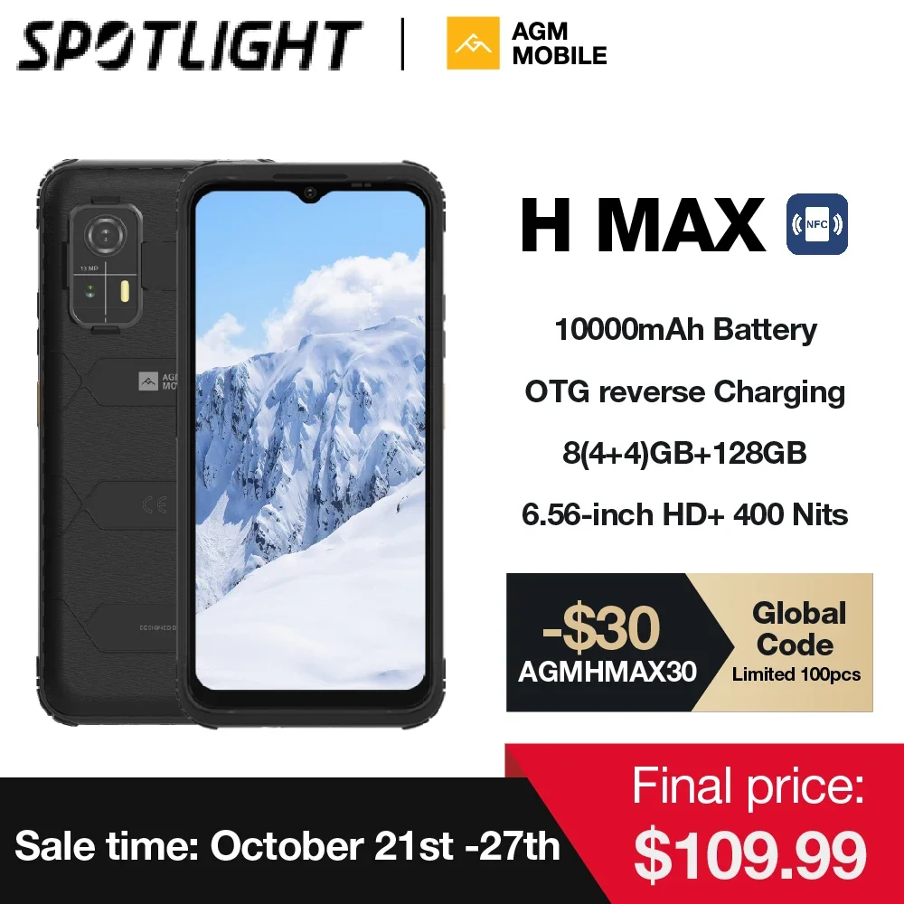 AGM H MAX Rugged Smartphone 10000mAh Battery 4+128GB HD+ Display 3 Card Slot NFC OTG Reverse Charge Waterproof
