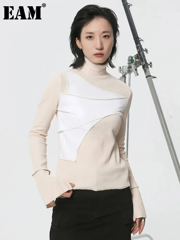 [EAM] Women Beige Color-block Irregular Slim T-shirt New Turtleneck Long Sleeve Fashion Tide Spring Autumn 2024 1DH2079
