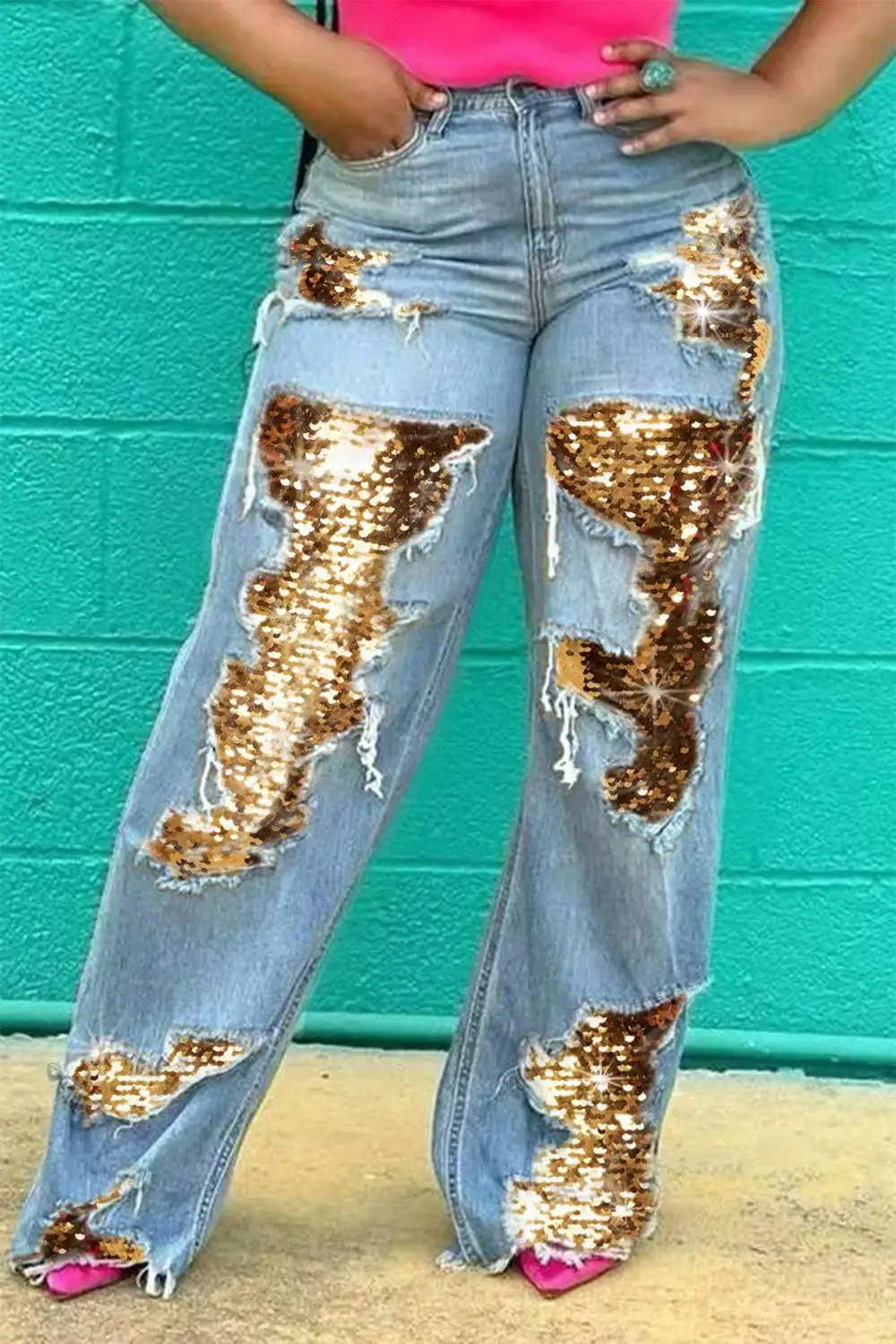 Plus Size Women's Jean Fashion Daily Gold Sequin Denim Streetwears Pants