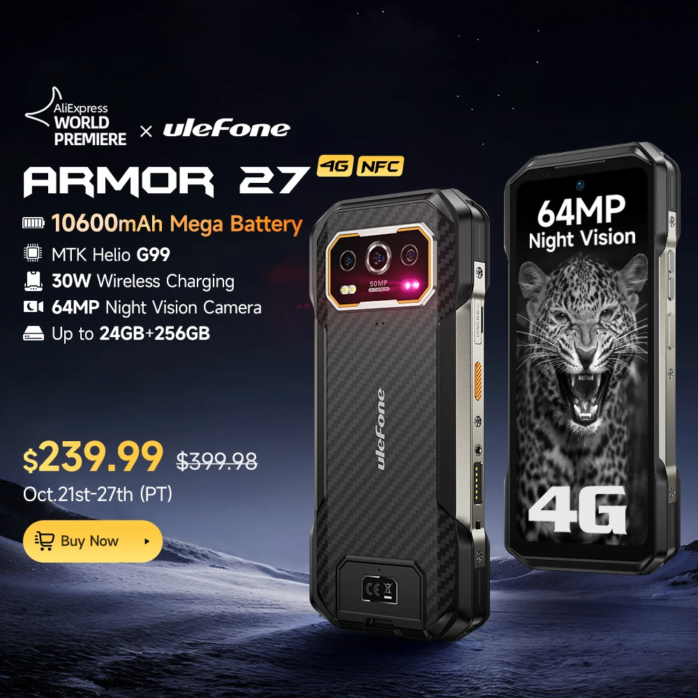 Ulefone Armor 27 4G Rugged Smartphone 64MP Night Vision+50MP+50MP 10600mAh 24GB+256GB Android 15 6.78" 120Hz NFC Global Ver