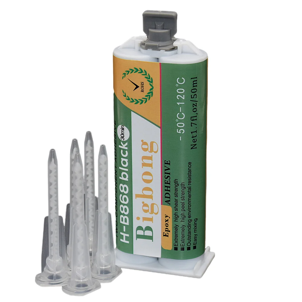 High Temperature AB Glues 50ml Epoxy Structural Glue 1:1 Black Resin Strong Adhesives with 5pc Static Mixing Nozzles Mixer Tube