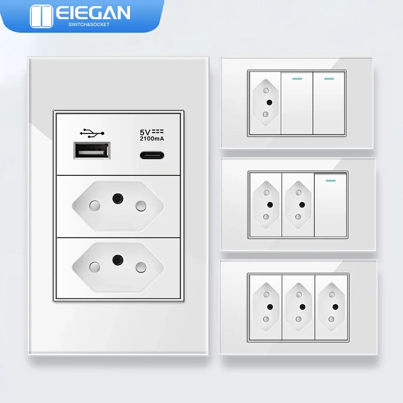 ELEGAN 118mm White Brazil Tempered Glass Standard Outlet Dual Usb Type C Wall Socket Light Switch Switzerland 10A 20A Home decor