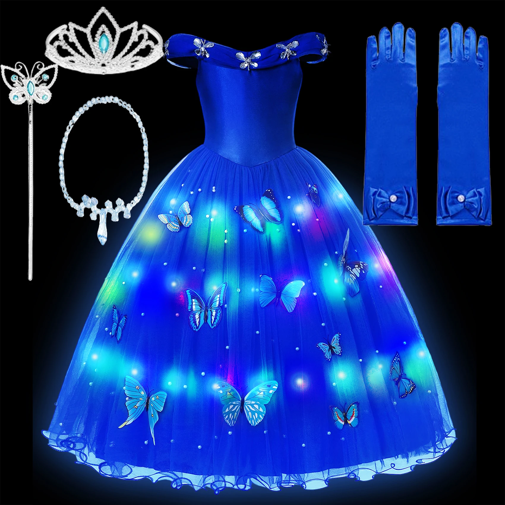 Cinderella Costume Girl LED Light Up Dress One Shoulder Butterfly Diamond Lace Luxury Clothing Christmas Carnival Princess Dress