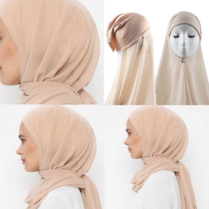 Instant Hijabs With Cap Plain Chiffon Jersey Hijabs For Woman Veil Muslim Islamic Hijab Cap Scarf For Women's Hijabs Headsc