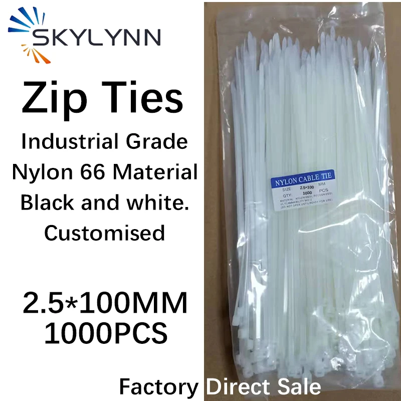 2.5X100MM Nylon Cable Ties Adjustable Cable Tightening Ring Fibre Optic Patchcord Plastic Self-Locking Ties Black White 1000pcs