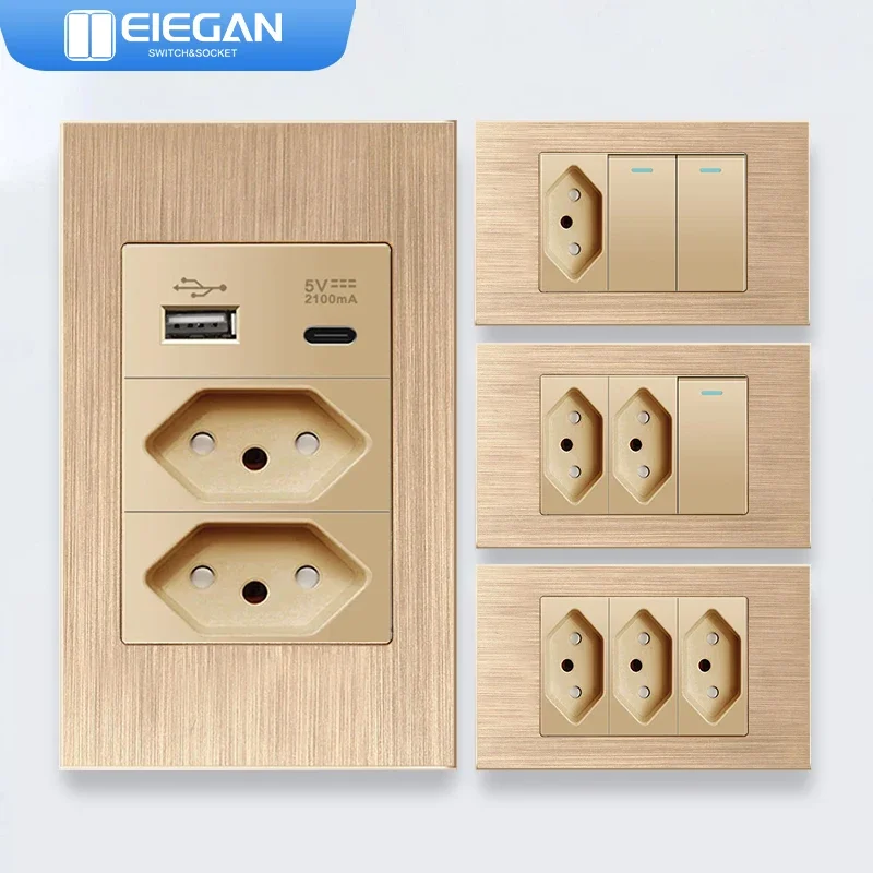 ELEGAN Gold Aluminum wire Panel Brazil Standard Outlet Double USB Type C Wall Power Socket Light Switch Office 118*74 10A 20A