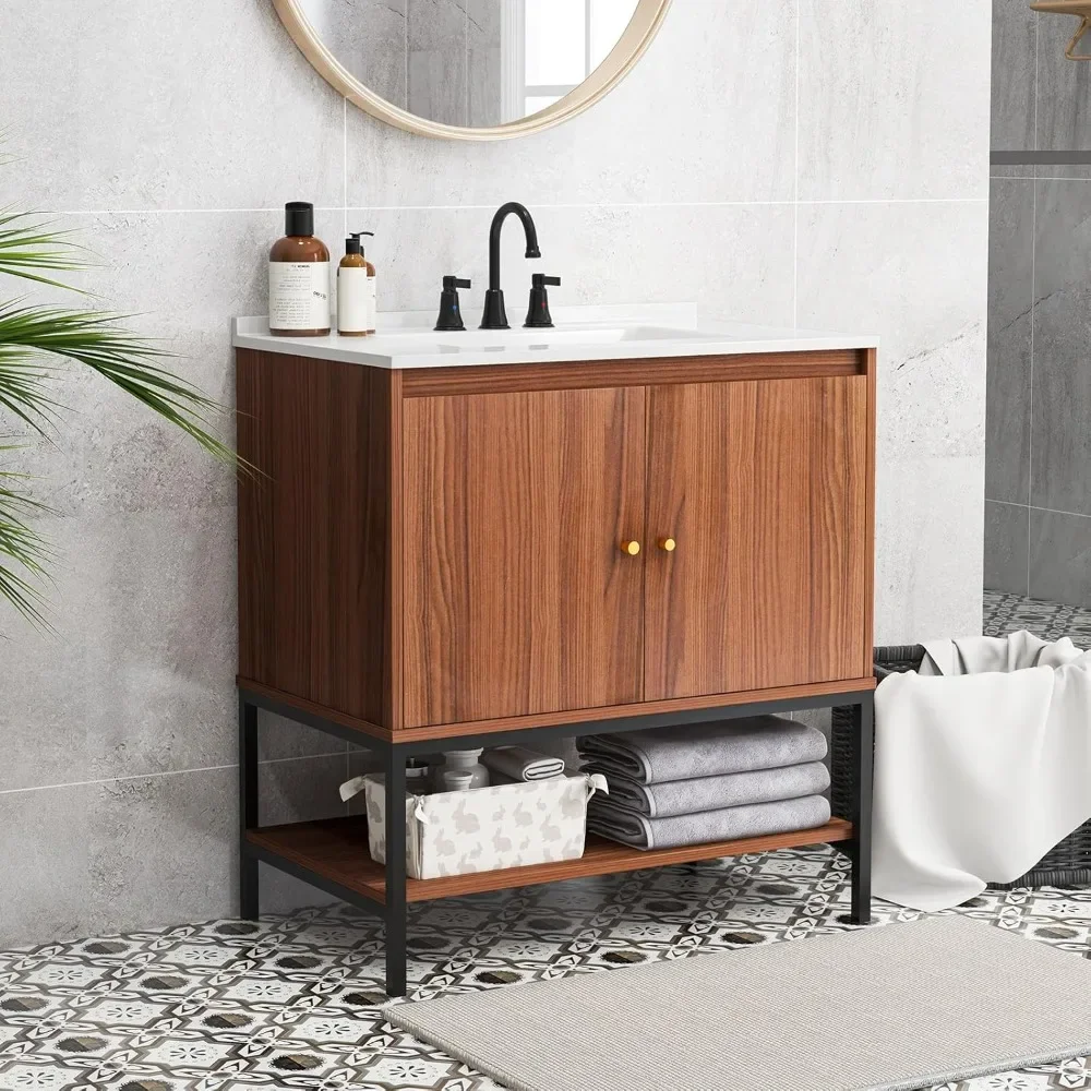 Bathroom Vanity with Sink Combo ,Bathroom Cabinet with Doors, Open Shelf, Sink, Backsplash, Stainless Faucet, Pop Up Drain