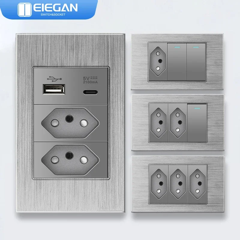 ELEGAN Grey Aluminum wire Panel Brazil Standard Outlet Double USB Type C Wall Power Socket Light Switch Office 118*74 10A 20A