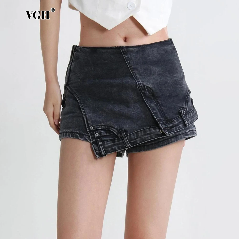 VGH Irregular Hem Design Women Short Skirts High Waist Solid Streetwear Patchwor Button Denim Shorts Female Fashion Clothing New