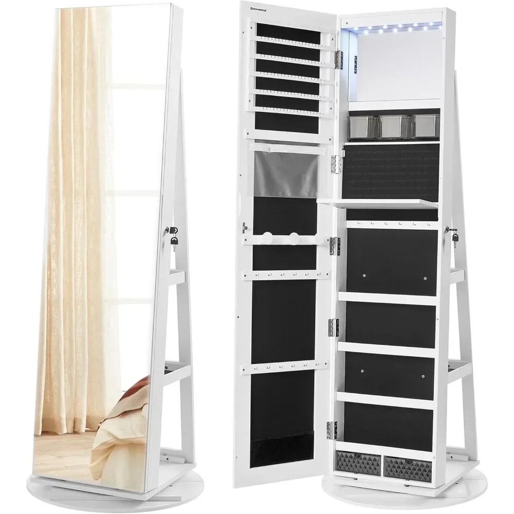 6 LEDs Lockable Mirror Jewelry Cabinet, 360° Swivel Jewelry Organizer, Standing Jewelry Armoire, Frameless Full-Length Mirror