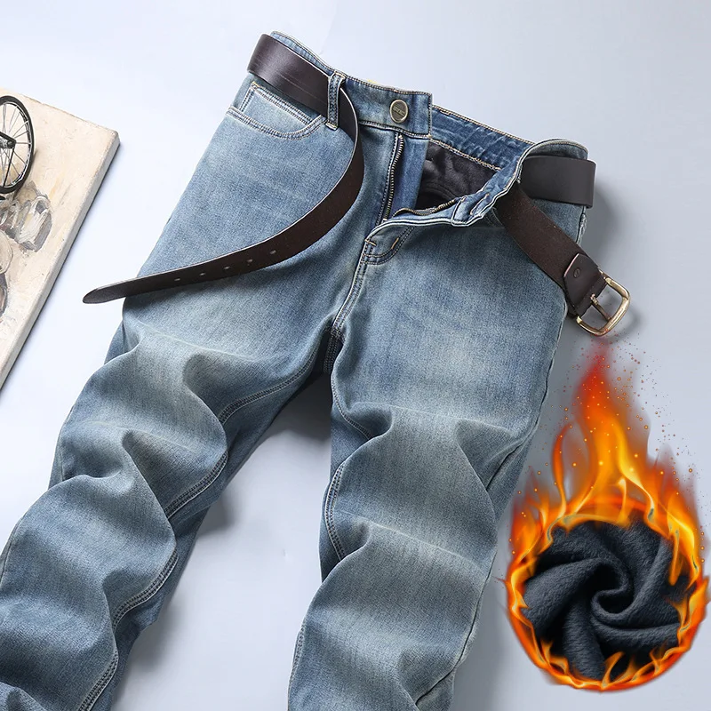 Winter Warm Fleece-Lined Thick Jeans Men's High-End Retro Slim Straight Casual All-Match Cold-Proof Pants