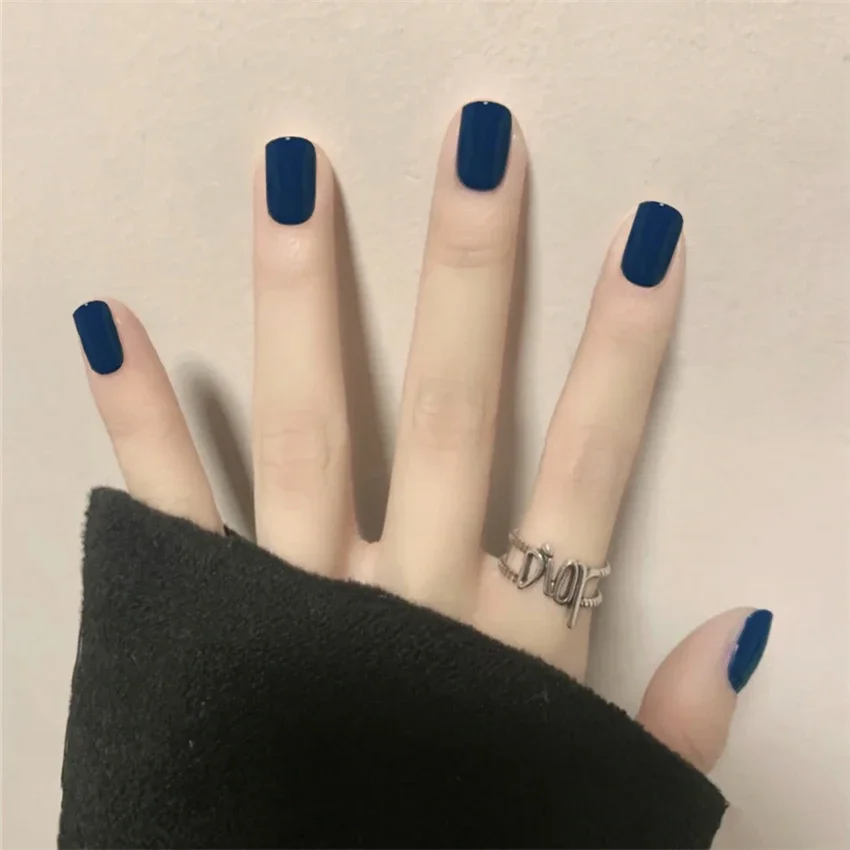 24Pcs/Set Black Blue Air Soft Adhesive Fake Nails Full Coverage Solid Color Wearing False Nails French Acrylic Press on Nail Art